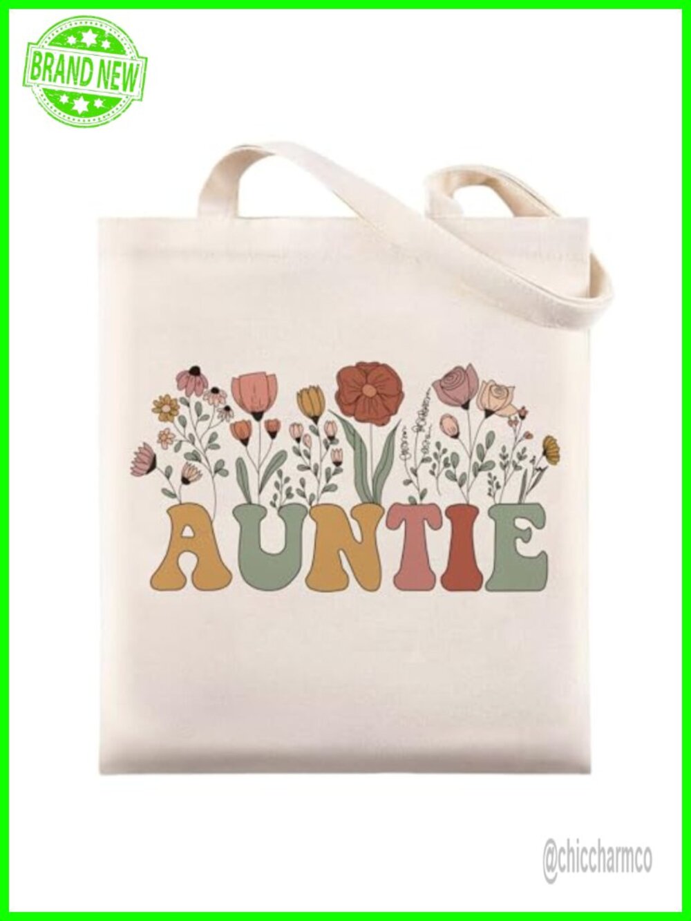 Cotton Canvas Tote Bag Auntie Gift Floral Shoulder Strap Eco-Friendly